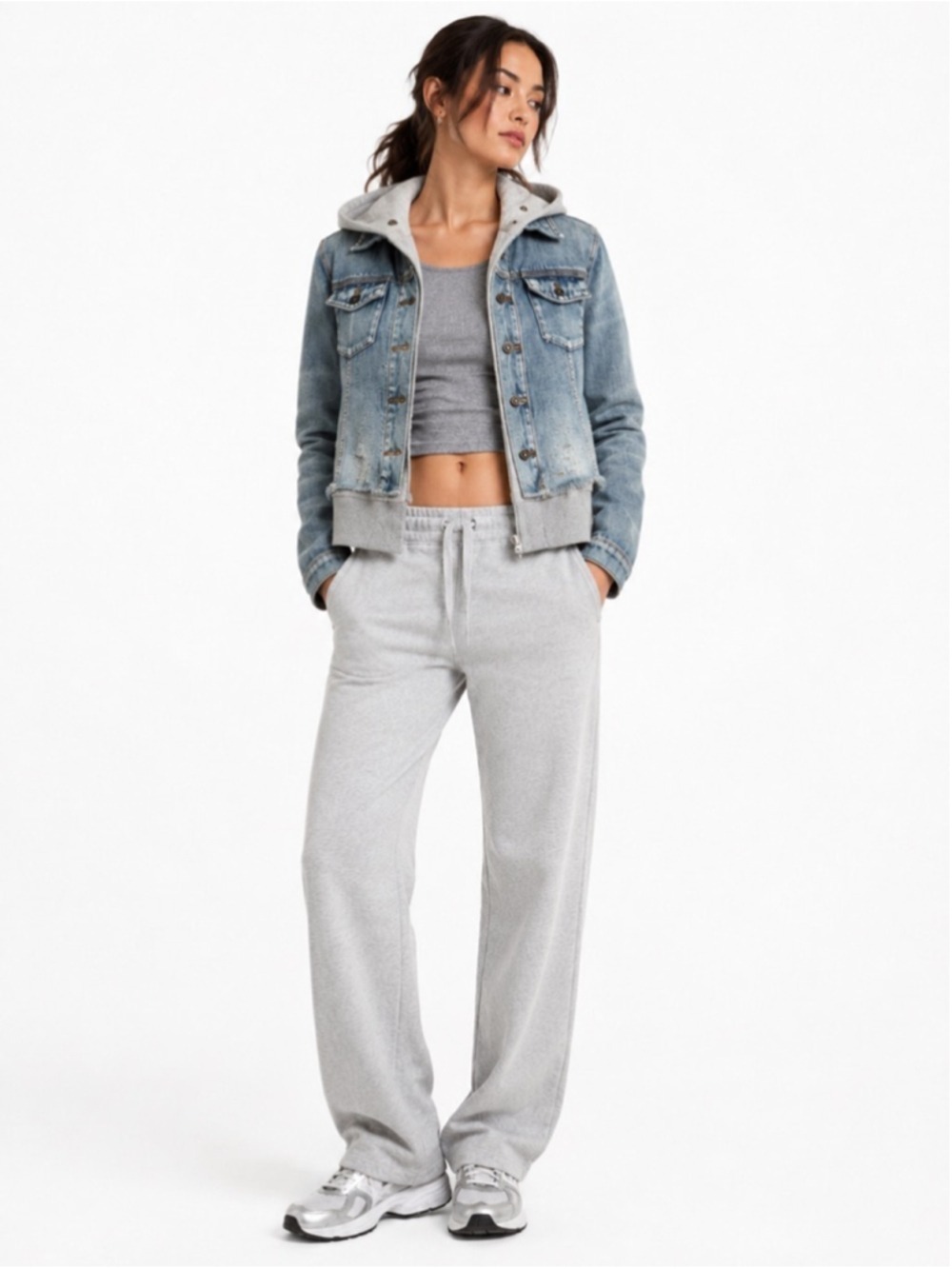 FREE PEOPLE Double Weave Denim Jacket, Distressed Denim & Grey Hoodie, Small
